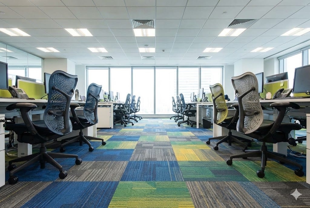 Modern açık ofis zeminine uygulanmış renkli ve ses yalıtımlı akustik karo halı kaplama