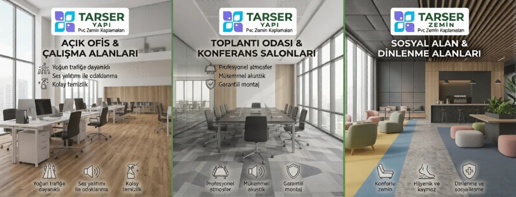 Açık çalışma alanı, toplantı odası ve sosyal dinlenme alanları için ahşap ve geometrik desenli ticari döşeme çözümleri.