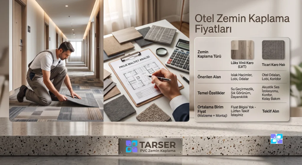 Otel Zemin Kaplama Çözümleri: Fiyat Analizi ve Uygulama Bir otel koridorunda karo halı döşeyen bir ustanın fotoğrafı ile bir masa üzerinde duran "PROJE MALİYET ANALİZİ" planı ve zemin kaplama numunelerinin (LVT ve karo halı) birleştirildiği profesyonel bir kompozisyon. Sağda, Otel Zemin Kaplama Fiyatları başlığı altında Lüks Vinil Karo ve Ticari Karo Halı ürün özelliklerini karşılaştıran bir tablo yer almaktadır. Alt kısımda metal plaket üzerinde TARSER PVC Zemin Kaplama logosu ve metni görülmektedir.