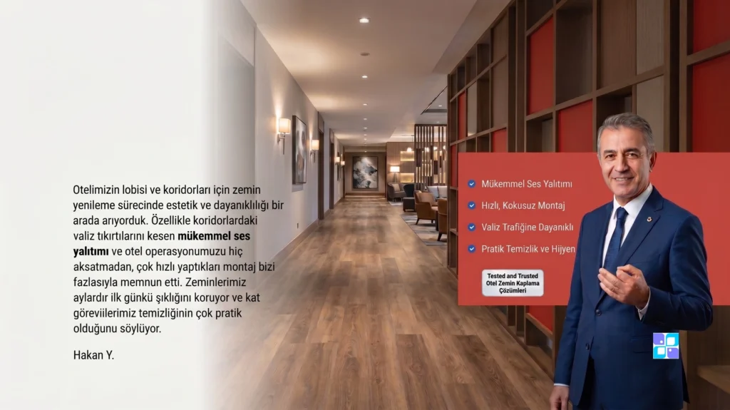 Otel Koridoru Zemin Yenileme Referansı Ahşap desenli uzun otel koridoru ve memnuniyetini anlatan otel yöneticisi.