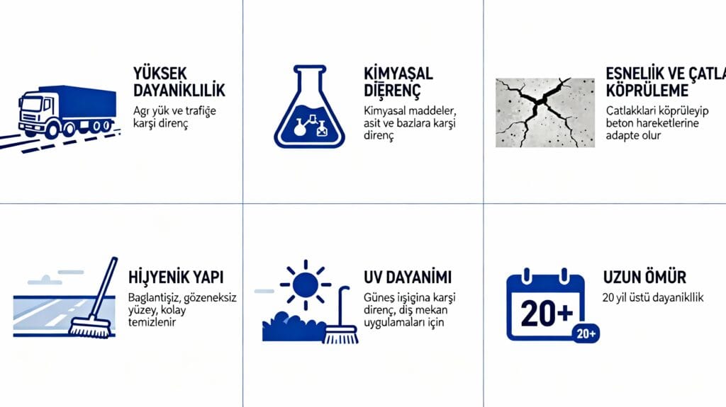 Poliüretan zemin kaplamanın 6 temel avantajı: Yüksek dayanıklılık, hijyenik yapı, kimyasal direnç, UV dayanımı, esneklik ve 20 yılı aşan uzun ömür.