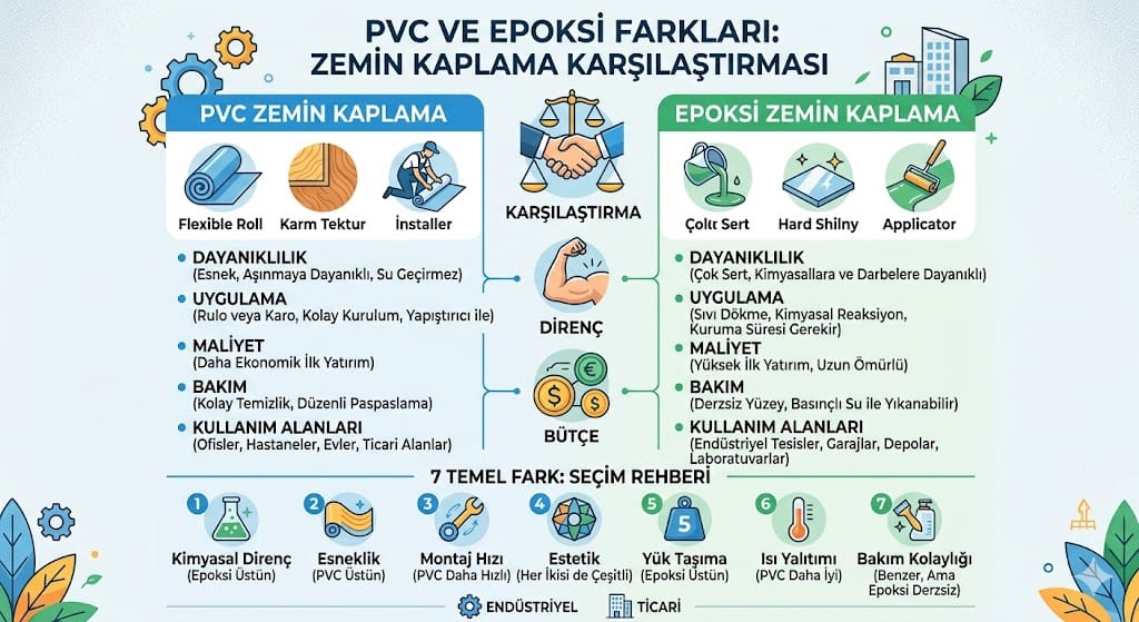 PVC ve epoksi farkları: Sol tarafta sıcak ahşap görünümlü modern PVC yer döşemesi, sağ tarafta ise parlak, pürüzsüz ve dikişsiz gri endüstriyel epoksi zemin kaplamasını yan yana gösteren fotogerçekçi karşılaştırma.