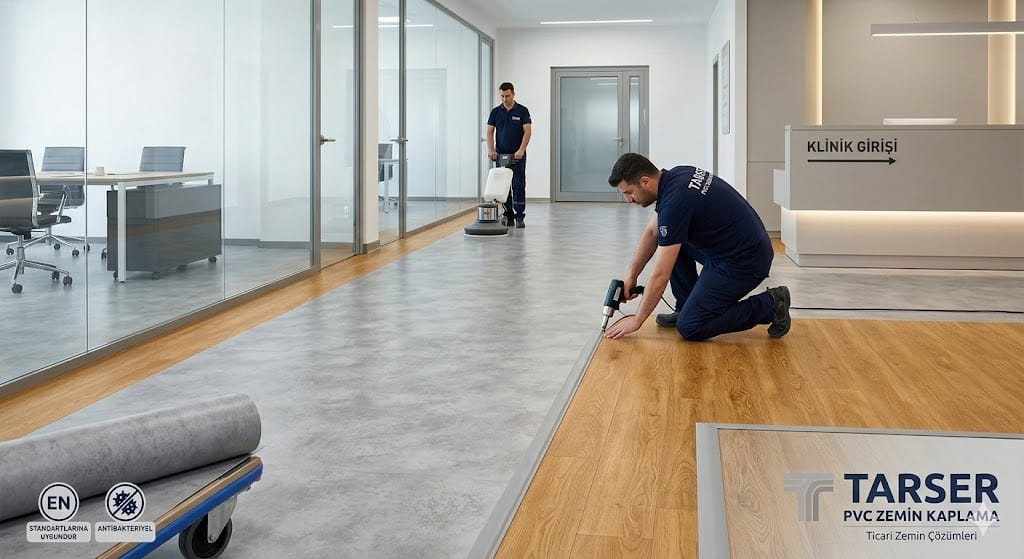 TARSER uzman ekipleri tarafından modern bir ofis ve klinik alanına uygulanan, antibakteriyel özellikli ahşap ve gri desenli profesyonel pvc yer döşemesi çalışması.