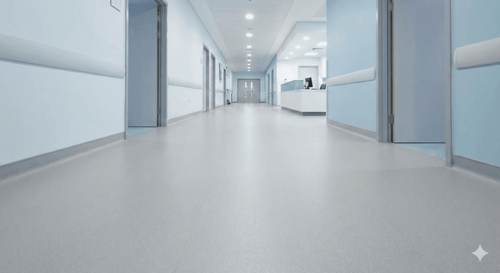 Hastane koridoru için homojen pvc zemin kaplama ve hijyenik yer döşemesi uygulaması