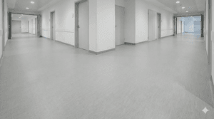 Hastane ve sağlık merkezleri için antibakteriyel, leke tutmayan homojen PVC zemin kaplama uygulaması.