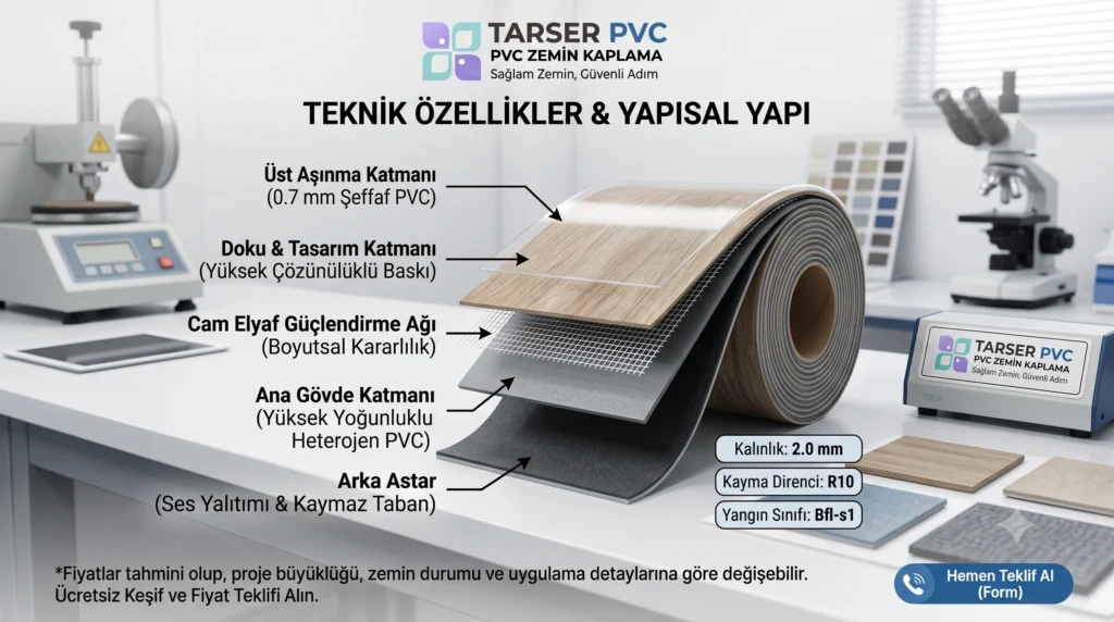 Laboratuvar ortamında sunulan, çok katmanlı yapıya sahip TARSER PVC zemin kaplama rulosunun teknik kesiti. Görselde, 0.7 mm şeffaf PVC üst aşınma katmanından arka astara kadar olan katmanlar ve R10 kayma direnci, 2.0 mm kalınlık, Bfl-s1 yangın sınıfı gibi veriler etiketlenmiştir.