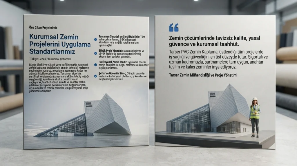 Tarser PVC Zemin Kaplama Kurumsal Standartları ve Proje Yönetimi Tarser PVC Zemin Kaplama'nın kurumsal projelerdeki çalışma prensiplerini, sigortalı ve uzman ekiplerini, profesyonel zemin etüdünü ve şeffaf süreç yönetimini gösteren kurumsal bilgilendirme panelleri.